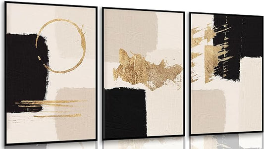 3pcs Black Gold Abstract Wall Art Bohemian Simple Geometric Canvas Poster Print Modern Beige Picture Painting Wall Decor for Living Room Bedroom Office Decoration Frameless