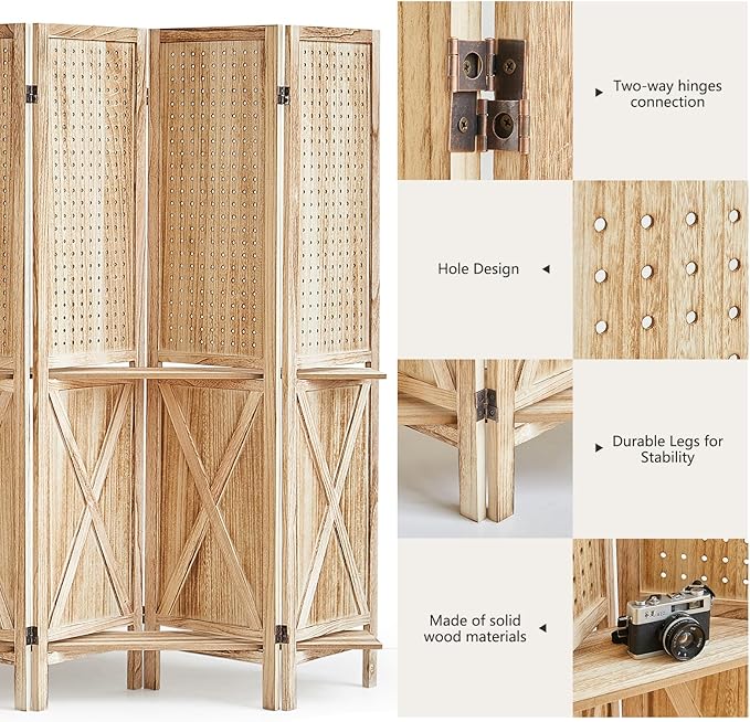 4 Panel Pegboard Room Divider with Shelves, Wood Room Divider and Folding Privacy Screen, Peg Board Display Stand Wall Divider for Room Separation for Craft Shows Events Retail, Natural