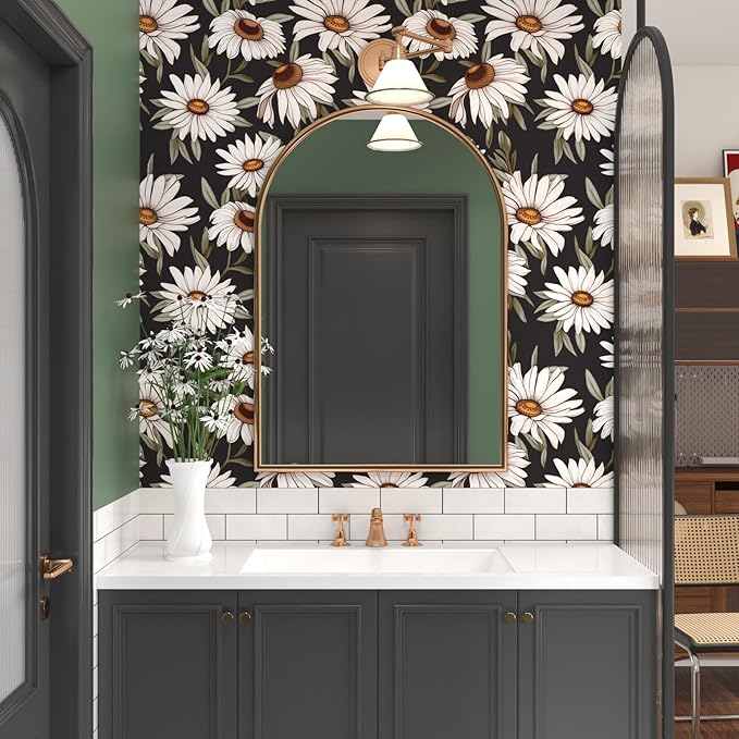 Boho Wallpaper Peel and Stick Dark Floral Contact Paper 17.5in x 118in Vinyl Waterproof Self-Adhesive Vintage Botanical Large Daisy Wall Paper for Bedroom Walls Countertop Decor