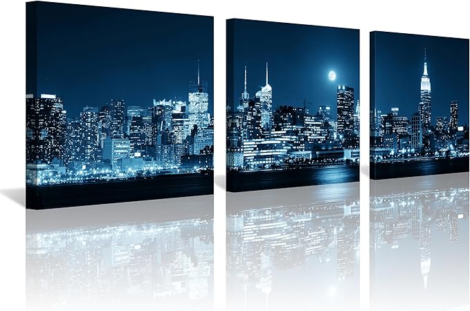 NAN Wind 3-Piece Modern Manhattan Night Skyline Canvas Art Blue Moon Urban Cityscape Wall Decor Contemporary NYC-Inspired Night View Panoramic Prints Framed City Canvas Set for Home Office Living Room