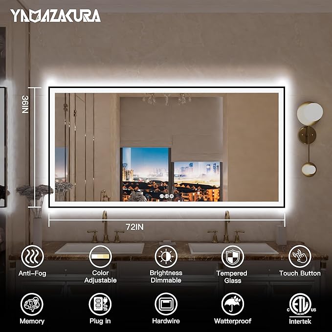 Large LED Bathroom Mirror 72x36 with Backlit and Front Lighted, Framed Dimmable Illuminated Mirror for Wall Anti-Fog Shatterproof (Horizontal/Vertical)