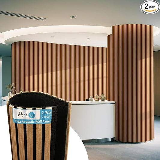 Art3d Acoustic Wood Slat Wall Panel with Roll-Flat Design - 95.3 x 23.8 Inch Sound Absorbing Panels for Living Room Columns Corridor Curved Wall Decor, 2-Pack Teak