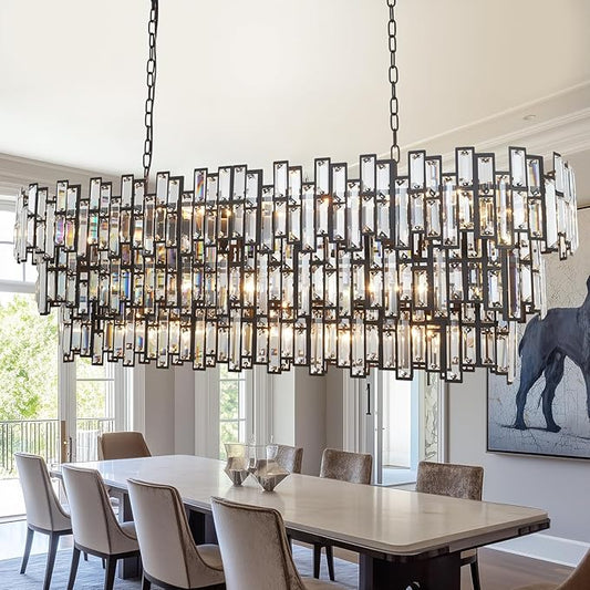 Crystal Chandelier Modern Farmhouse Chandeliers for Dining Room Lighting Fixtures Black and Bronze Rectangular Chandelier Ceiling Hanging 50’’