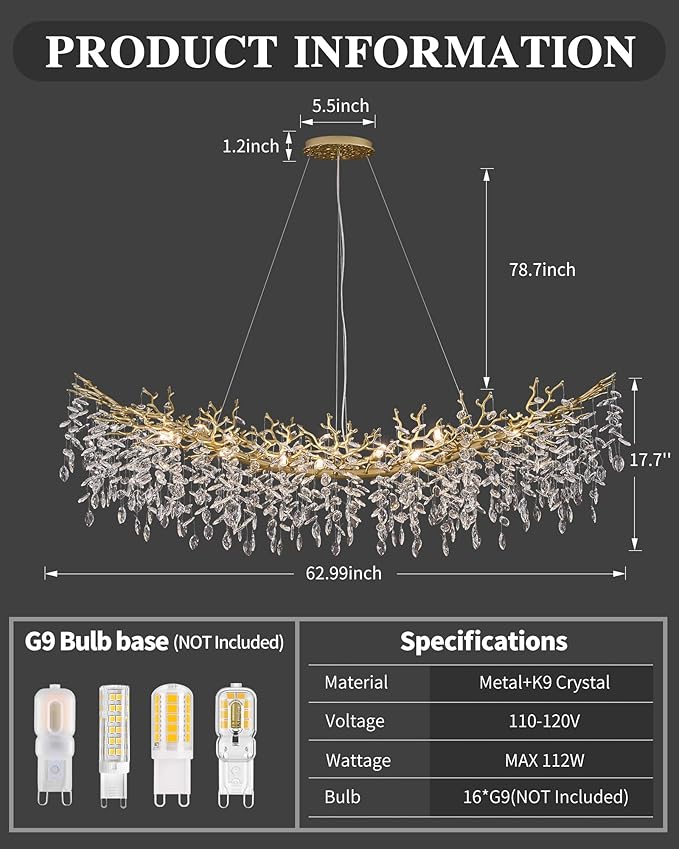 Modern Crystal Chandelier for Dining Room, 16-Light 63" Gold Tree Branch Chandeliers, Luxury K9 Crystal Rectangular Chandeliers for Kitchen Island Living Room