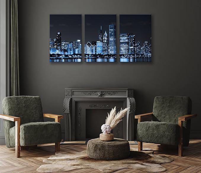 NAN Wind Chicago City Center Skyline Canvas Prints Modern Office Decor Chicago Skyline Canvas Art Cityscape Wall Decorations Blue Wall Decor for Living Room Pictures for Bedroom Decorations