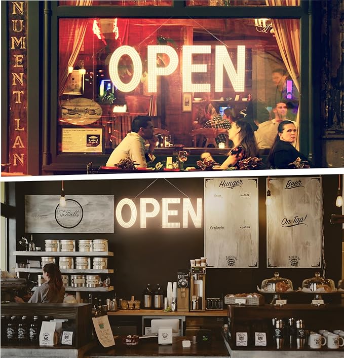 LED Open Sign for Business,48"x17" Dimmable Brightness Large Electric Light Up Sign, Hanging Installation for Store Restaurant Office Bar Hotel Salon (warm white)