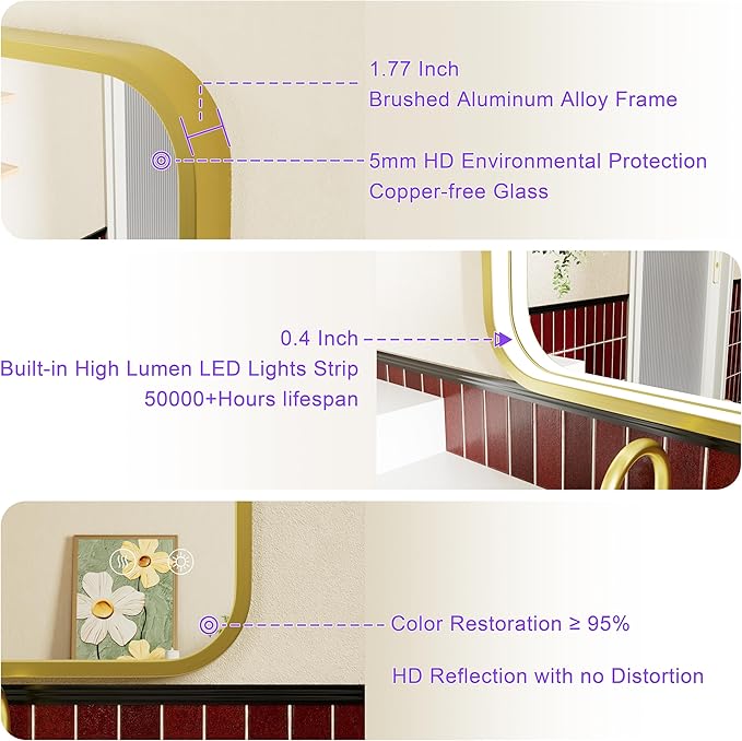 16x24 Inch Gold LED Bathroom Mirror with Lights, Adjustable 3000K/4500K/6000K, Wall Mounted Framed Lighted Bathroom Vanity Mirrors, Anti-Fog, Dimmable, Memory Funtiom, Horizontal/Vertical