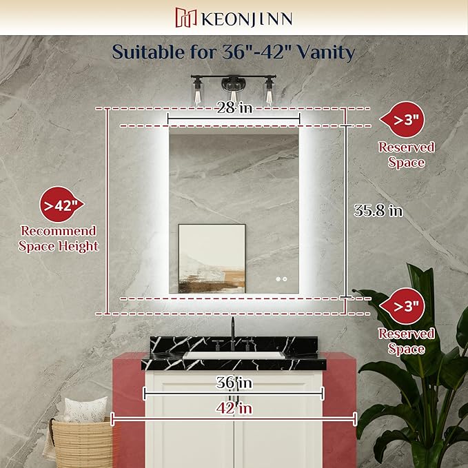 Keonjinn 28 x 36 Inch LED Backlit Mirror Bathroom Lighted Vanity Mirror, 3 Colors Warm/Natural/White Lights High Lumens 5573LM, Anti-Fog Dimmable LED Makeup Mirror with Lights (Vertical/Horizontal)