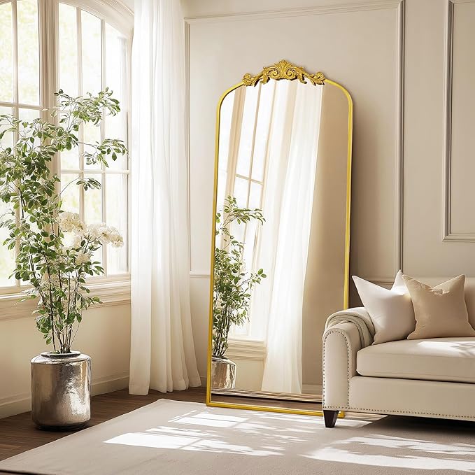AIXI HOME Antique Gold Arched Full Length Mirror, 71"x30" Floor Vintage Mirror with Ornate Frame, Baroque Inspired Home Decor for Livingroom Bedroom Entryway