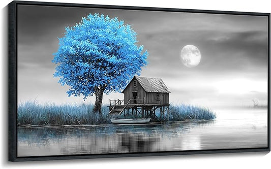 JEAWA Large Framed Canvas Wall Art - Blue Gray Picture for Living Room Home Office, Winter Landscape Canvas Paintings, Moon Pictures Wall Decor, Tree Artwork Print, 29x58 IN