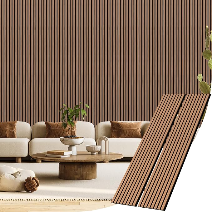 2 Pack Wood Slat Acoustic Panels for Wall and Ceiling, 94.49"×12.80" Soundpoof Wooden Wall Panels for Interior Wall Decor, 3D Fluted Sound Absorbing Panel - Deep Walnut