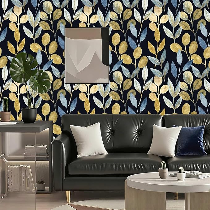 Blue Gold Leaf Peel and Stick Wallpaper Self Adhesive Dark Floral Waterproof Removable Contact Paper Wall Paper for Bedroom Bathroom Cabinets Drawers Wallpaper 17.7" x 70.8"