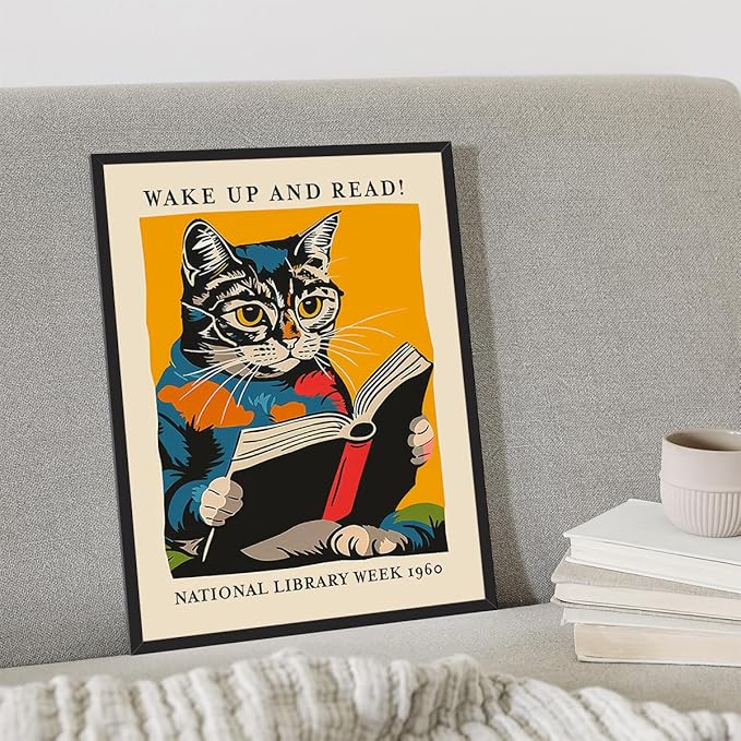 Cat and Book Poster, Wake Up and Read Inspiring Wall Art Canvas, Retro 1960 National Library Week Wall Art, Reading Art for Book Lover, Classic Gallery Wall Decor 24x36in Framed