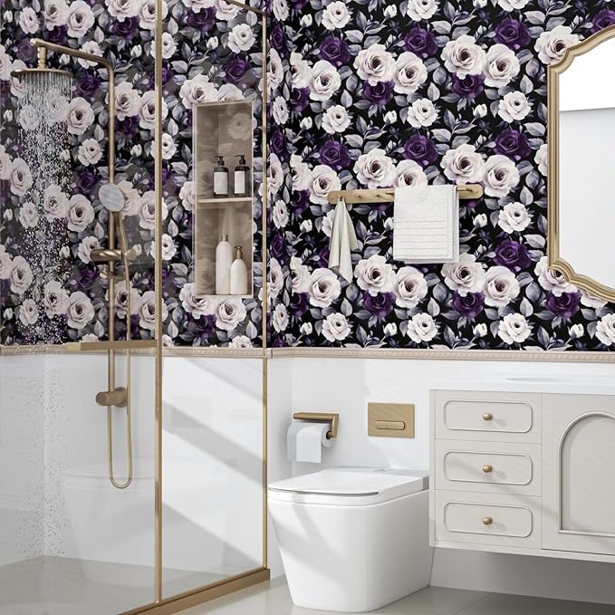 Black Foral Wallpaper Peel and Stick Dark Purple and White Rose Contact Paper, Vintage Self-Adhesive Removable Flower Wall Paper for Bedroom Countertop Desk Cabinets Decor 17.4" x 118" Renter Friendly