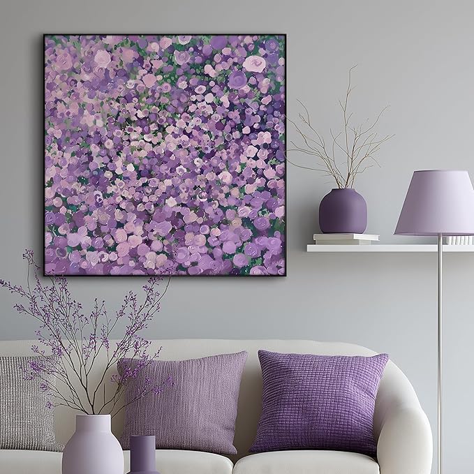 46"x46" XL Framed Wall Art Purple Blossom Burst Abstract Floral Impressionist Violet Flower Field (Frame Assembly Required)