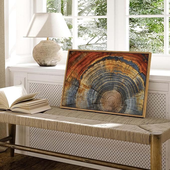 BingruiArt Framed Tree Ring Canvas Wall Art Red and Gold Abstract Wood Wall Decor Boho Modern Colorful Nature Prints Pictures Poster for Living Room Bedroom Bathroom Office 16"x24" Natural Framed(03)