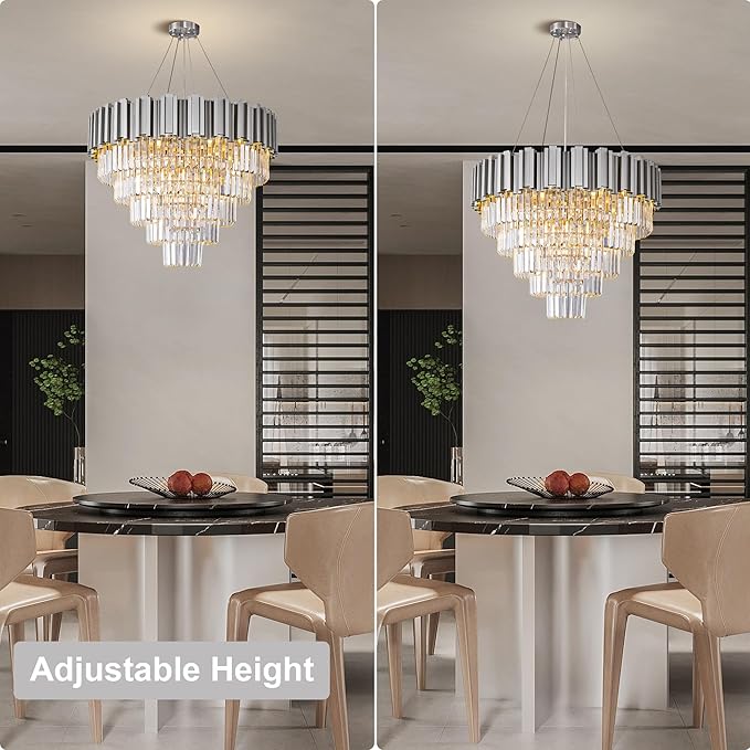 5-Tier 27.5" Silver Chandelier, 9-Light Modern Crystal Chandelier, Luxury Round K9 Crystal Chandeliers Light Fixture for Dining Room, Living Room, Bedroom, Foyer, Entryway, Kitchen, Restaurant