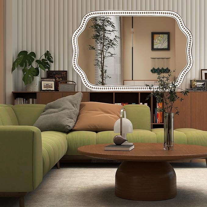 24x36 Inch Wooden Scalloped Farmhouse Mirror for Wall Decor, Rustic Decorative Mirrors for Living Room, Bedroom, Entryway, Bathroom Over Sink - Horizontal/Vertical Mount