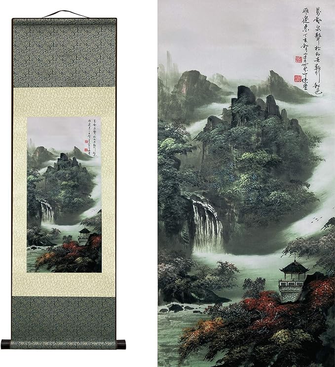 AtfArt Asian Wall Decor - Beautiful Silk Scroll Painting of Waterfall River Landscape - Mountain Spring Autumn Color Oriental Decor Chinese Art Wall Scroll Hanging (36.2 x 12 in)