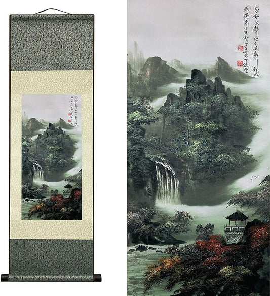 AtfArt Asian Wall Decor - Beautiful Silk Scroll Painting of Waterfall River Landscape - Mountain Spring Autumn Color Oriental Decor Chinese Art Wall Scroll Hanging (36.2 x 12 in)