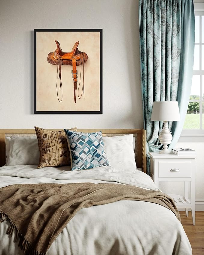 Cowboy Saddle Art Print Poster Wall Art, Western Country Farmhouse Wild West for Bedroom, Bathroom, Living Room Art Decor 58 (Cowboy Saddle, 11 x 14 inches, Unframed)