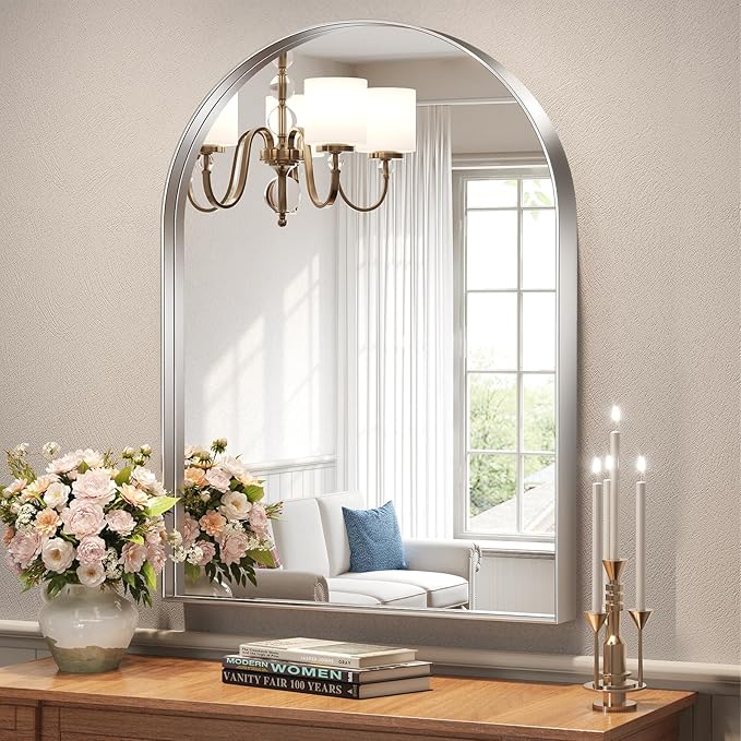 Brightify Arched Mirror, Arched Wall Mirror, 32 x 40 Inch Silver Arch Mirror, Metal Frame Silver Bathroom Mirror, Arched Top Bathroom Vanity Mirror for Living Room Bedroom Mantel Entryway Hallways