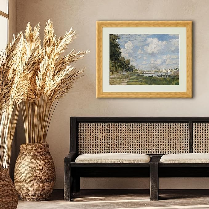 Brivoria Framed Canvas Wall Art Vintage Decor, Impressionist Riverside Painting with Autumn Sky, Sailboats, and Riverside Path for Living Room Bedroom Dining Room or Fireplace Mantel Display, 16"x20"