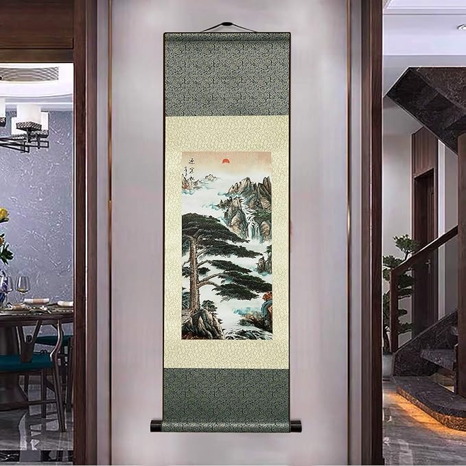 AtfArt Asian Wall Decor - Beautiful Silk Scroll Painting Pine Greeting Guests (Guest-Greeting Pine) Oriental Decor Chinese Art Wall Scroll (36.2 x 12 in)
