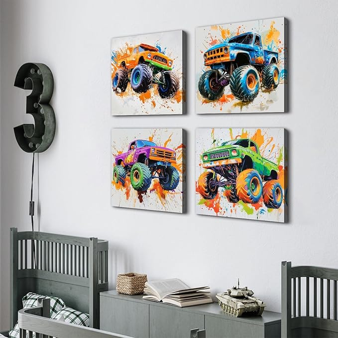 Multicolor Monster Car Wall Art Funny Truck Canvas Prints Pictures Kids Bathroom Bedroom Wall Decor Cool Graffiti Monster Truck Poster Artwork for Boys Gamer Men Domitory Home Decorations 16x16” 4 Pcs