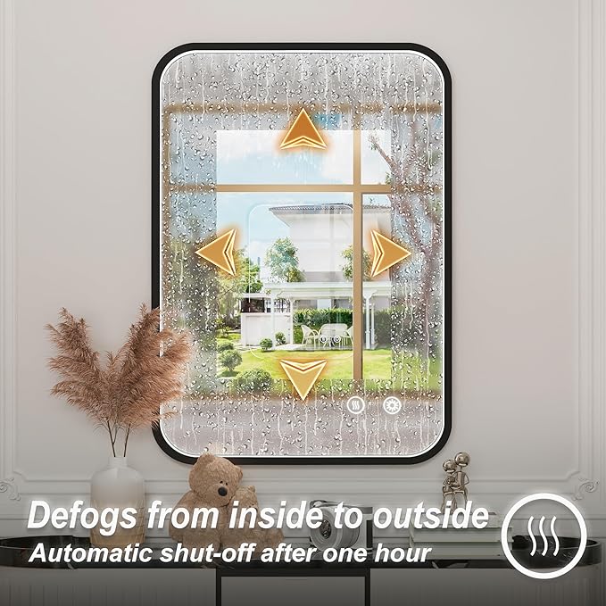 20x28 Inch Black LED Bathroom Mirror with Lights, 3000K/4500K/6000K, Wall Mounted Lighted Vanity Mirrors for Bathroom, Anti-Fog, Stepless Dimmable, Memory Funtion, Horizontal/Vertical