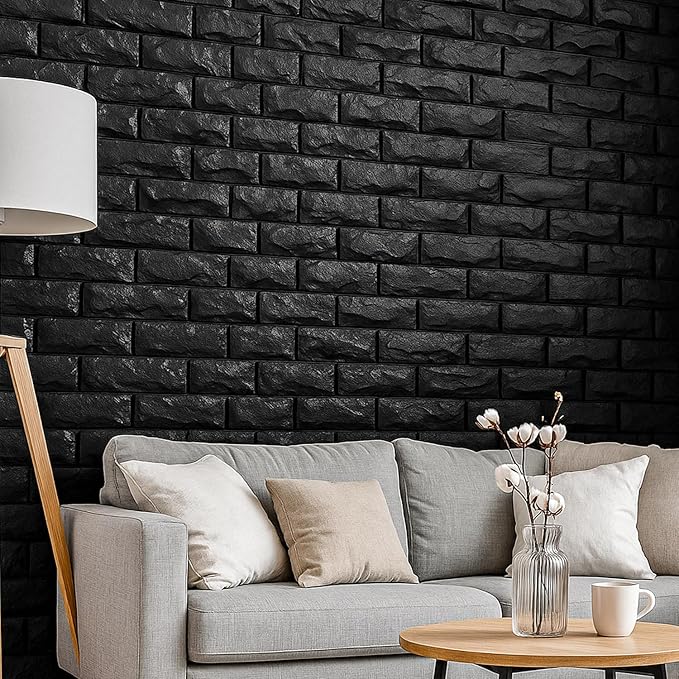 Circloophs 3D Wall Panels Stick and Peel, Black Brick Printable 3D Wallpaper Stick and Peel Self Adhesive Waterproof Foam Faux Brick Paneling for Bedroom, Bathroom, Kitchen, Fireplace (11, Black)