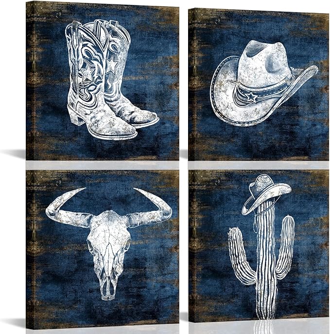KLVOS Navy Blue Cowboy Wall Art Décor Hat and Boots Painting Cactus Bull Skull Canvas Art Prints Western Picture for Man Cave Room Decor 12x12inchx4 Piece