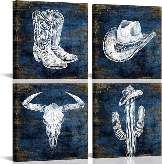 KLVOS Navy Blue Cowboy Wall Art Décor Hat and Boots Painting Cactus Bull Skull Canvas Art Prints Western Picture for Man Cave Room Decor 12x12inchx4 Piece