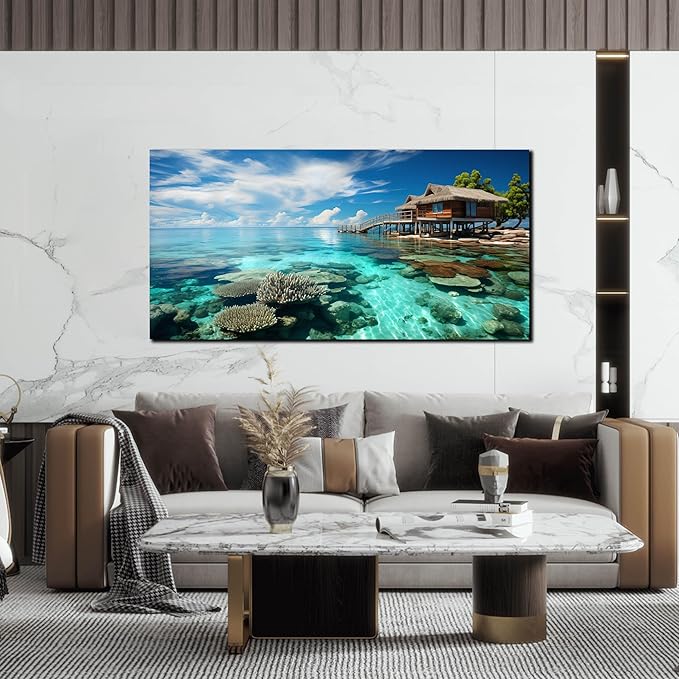 Ocean Scenic Canvas Wall Art, Blue Seascape Wall-Decor Picture , Ocean Scenery Canvas Decoration, Coastal Landscape Print Decorative Artwork for Home living Room Bedroom and Office, Size 48x24 Inches