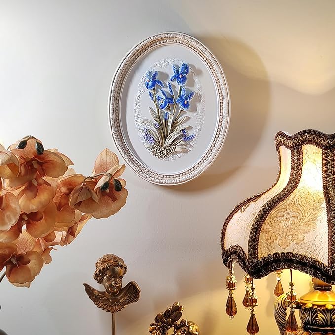 Kangce Vintage Wall Sculptures,Antique Wall Art with Hand-Carved Iris Pattern, Victorian Home Decor,for Living Room, Bedroom,Hallway Gallery,Oval,Blue