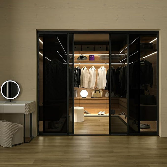 4 Panel Glass Room Divider and Sliding Glass Closet Doors - Smoked Frosted Partition Wall - Clear, Smoked and Frosted Glass Sliding Doors Options (Smoked Glass, 96x96)