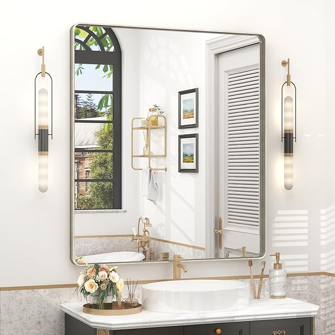 32x36 Inch Brushed Nickel Bathroom Mirror, Brushed Silver Metal Framed Wall Mirror, Rounded Corner Rectangle Modern Vanity Mirror, Tempered Glass, Anti-Rust, Shatterproof (Horizontal/Vertical)