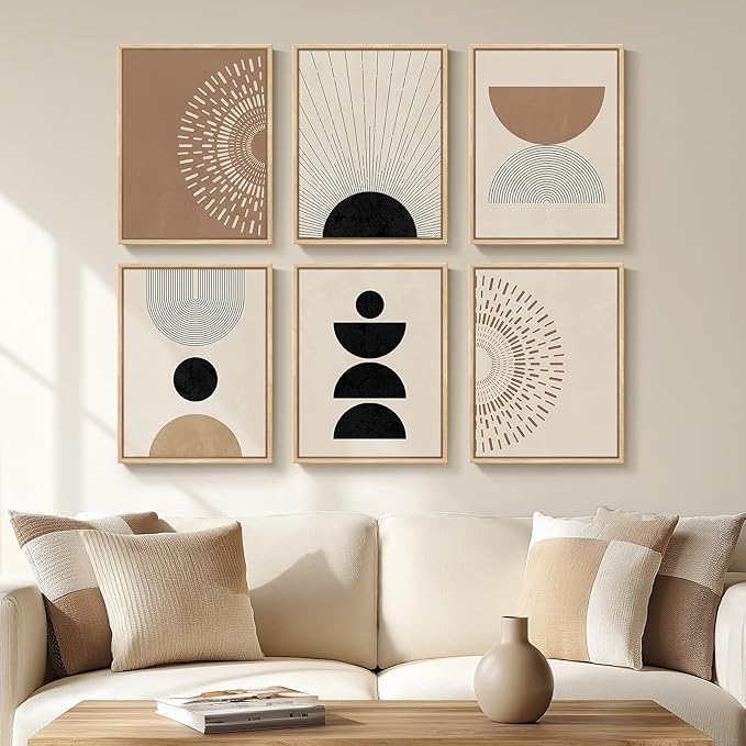 6 Piece Framed Boho Neutral Wall Art Set, Modern Abstract Geometric Canvas Painting Prints, Brown Black and Beige Minimalist Picture Artworks for Living Room Dining Room Bedroom 11x14 Inch