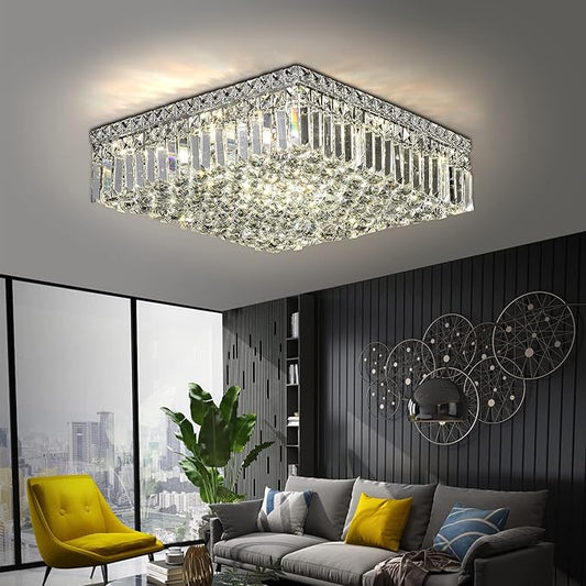 12-Lights Modern Flush Mount Ceiling Light Fixtures,Elegant Crystal Chandelier Pendant Ceiling Lamp for Bedroom,Living Room,Dining Room,Hallway H5.9 x W20 x L20 (Bulbs Not Included) Square