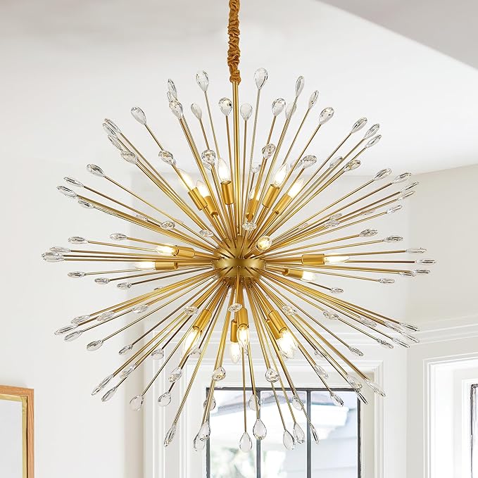 18-Light Gold Sputnik Chandeliers, 41" Starburst Firework Pendant Light fixtures, Mid-Century Modern Satellite Ceiling Lights for Dining Room, Kitchen, Bedroom, Living Room, E12