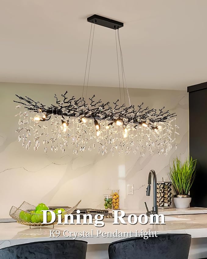 Modern Tree Branch Chandelier for Dining Room, 16 Lights Rectangular 59" Crystal Black Chandeliers for Kitchen Island Dining Room Living Room
