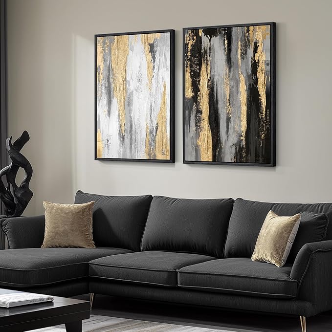 Large Framed Black and White Abstract Wall Art for Living Room, Set of 2 Piece Minimalist Canvas Prints Paintings Artwork for Walls, Modern Black Gold Pictures for Hallway Office Wall Decor Big Size 24x36 In