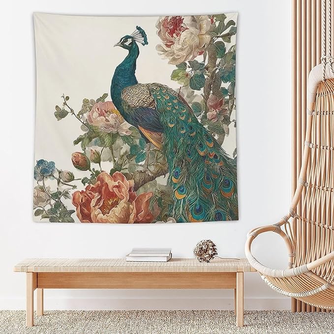 UUKXKUU Peacock Oriental Retro Blooming Flowers Tree Tapestry Flag Backdrop Wall Hanging Large Wall Art Decor for Dorm Office Bedroom Living Room 60"×60"