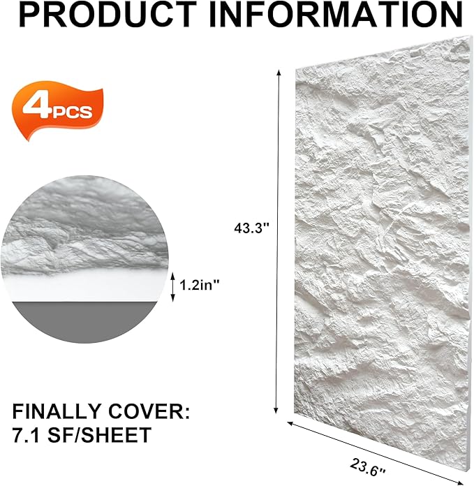 KASARO 3D Faux Stone Wall Panels, 4 PCS PU Wainscoting Panel for Interior Wall Decor, Cement Texture Thicker Accent for Home, Office, 43.3 × 23.6 inch, White