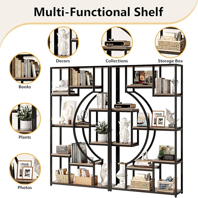 70.8" Tall Bookshelf Set of 2, 79" Wide Geometric Display Shelf with 18 Open Storage Shelves, Scratch-Resistant Gray Wash & Metal Frame, for Living Room, Office, Bedroom – Anti-Tip & Adjustable Feet