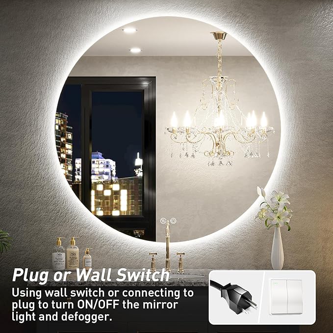 36 Inch Round LED Bathroom Mirror - 6000K Daylight Backlit, Anti-Fog & Dimmable, Frameless Waterproof Mirror with Touch Control, CRI90+, IP54 for Vanity & Makeup