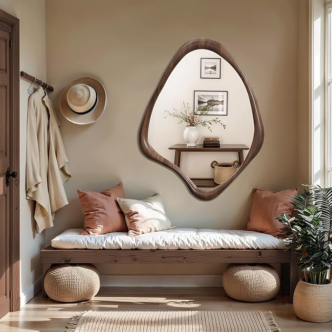 LuxenHome Asymmetrical Wall Mirror, 23"x 29" Classic Brown Irregular Mirror, Rustic Farmhouse Mirrors for Bathroom, Wall Mirrors Decorative for Bedroom Living Room Entryway Hall