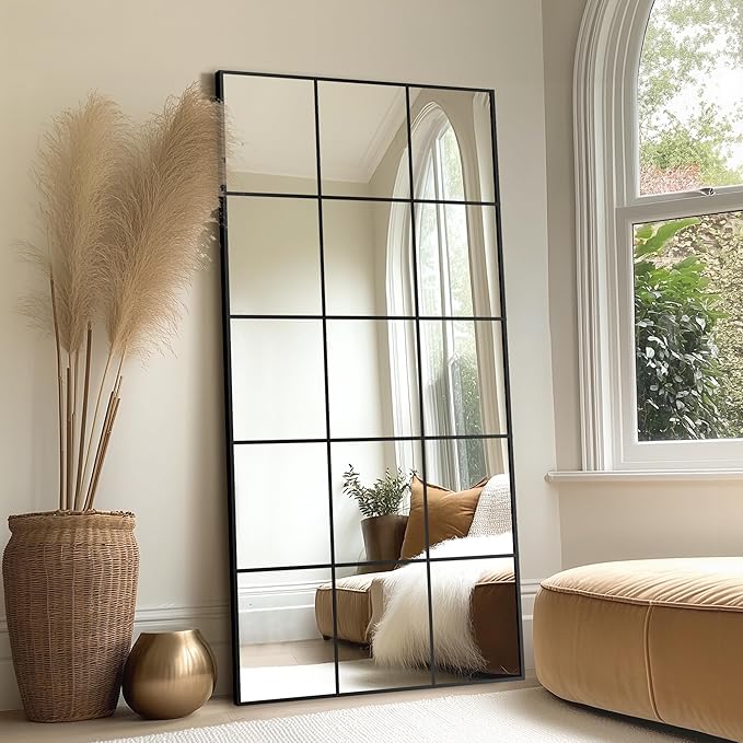 Delma Full Length Mirror, 64"x 32" Window Pane Decorative Mirror for Wall, Black Metal Framed Wall Decor, Wall Mounted, Hanging or Leaning for Bedroom, Living Room, Entryway
