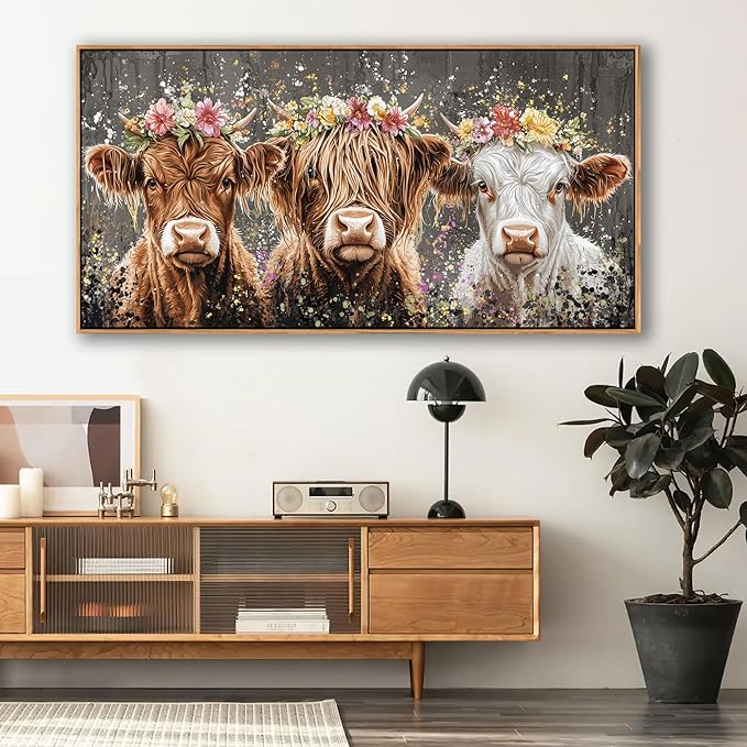 AJAZIKO Highland Cow Wall Art - Farmhouse & Rustic Country Wall Decor, Large Canvas Pictures for Living Room, Above Bed Artwork for Walls - Western Decorations 24×48IN
