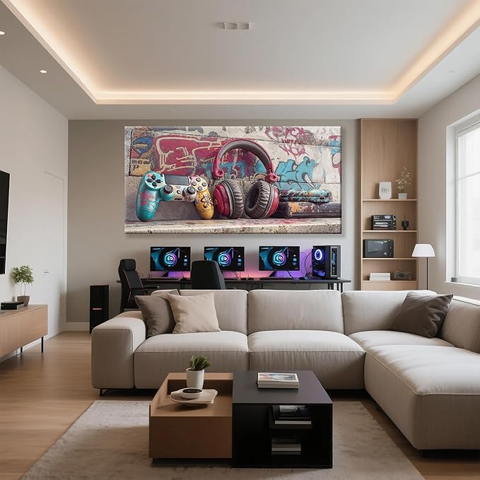 Large Game Wall Art Graffiti Gamepad Earphone Canvas Art Wall Decor Print Pictures For Bedroom Cool Video Gaming Poster Print Painting Room Decor For Boys Playroom Home Wall Decor Artwork 29"X 58"